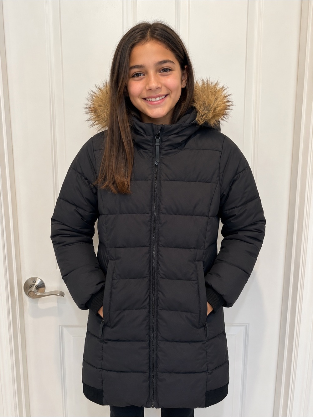 Girls Black Puffer Coat with Faux Fur Trim Hood Size 7 8